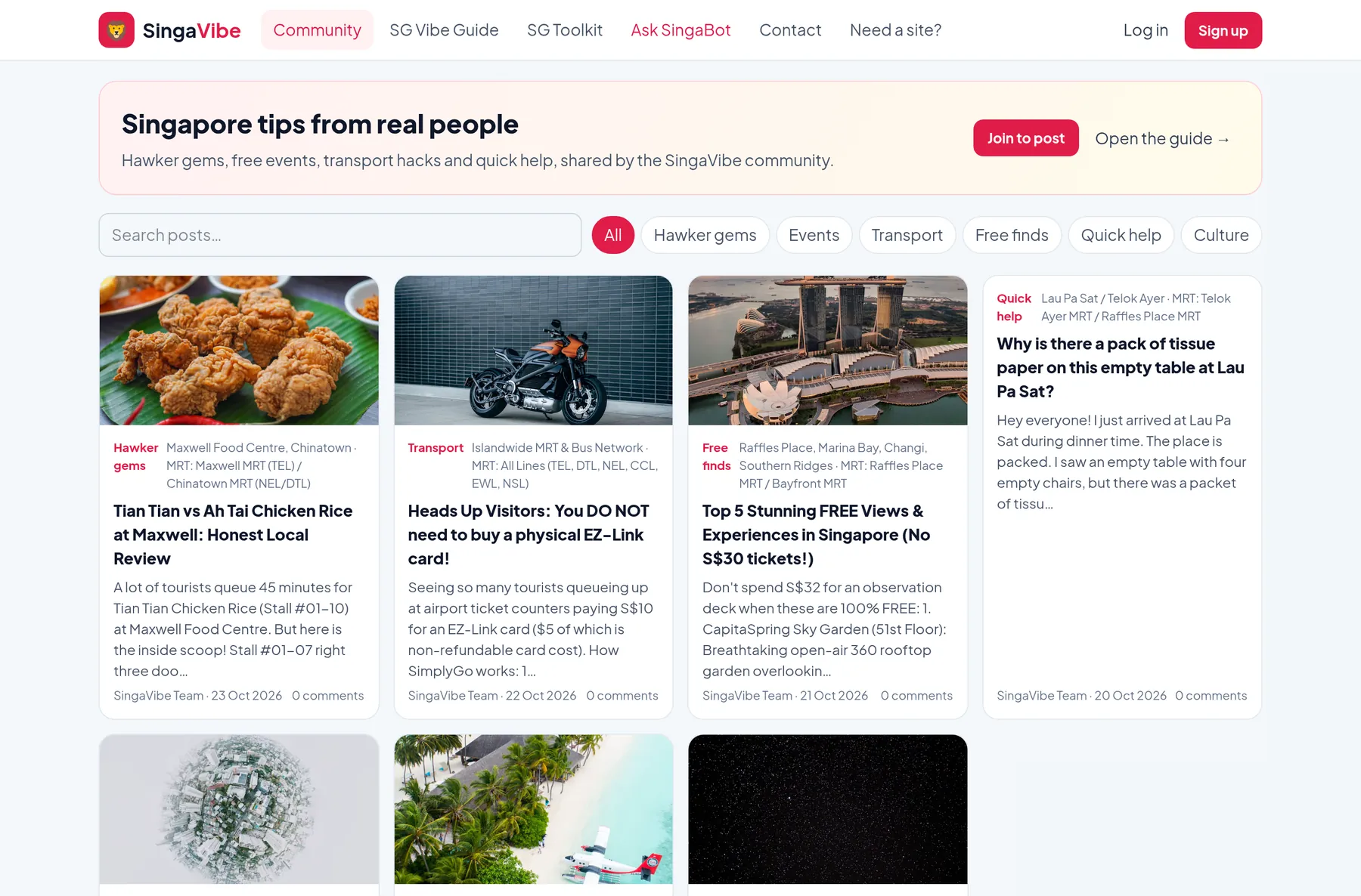 SingaVibe homepage with community feed